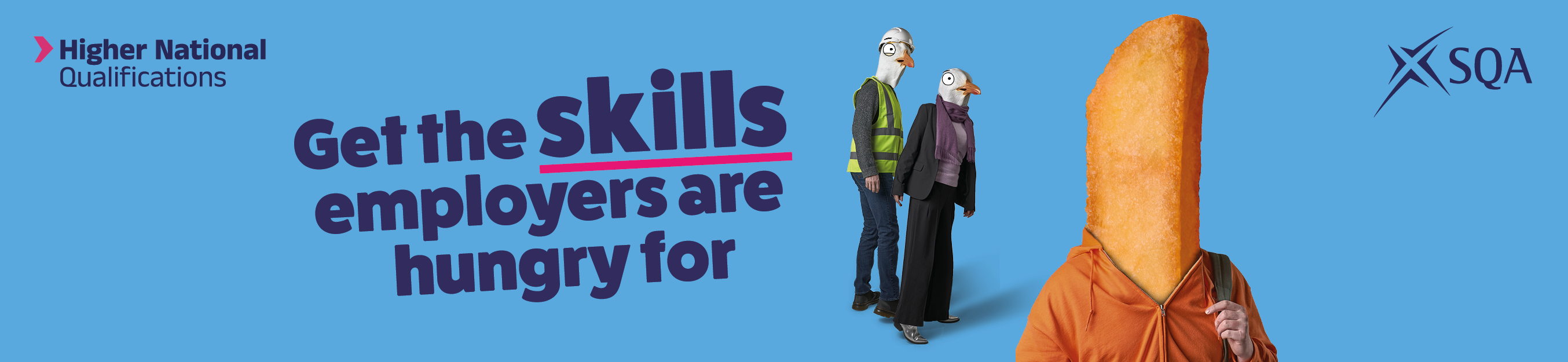 Employers with seagull heads staring at a boy with a chip head and text that reads get the skills employers are hungry for Employers with seagull heads staring at a boy with a chip head and text that reads get the skills employers are hungry for