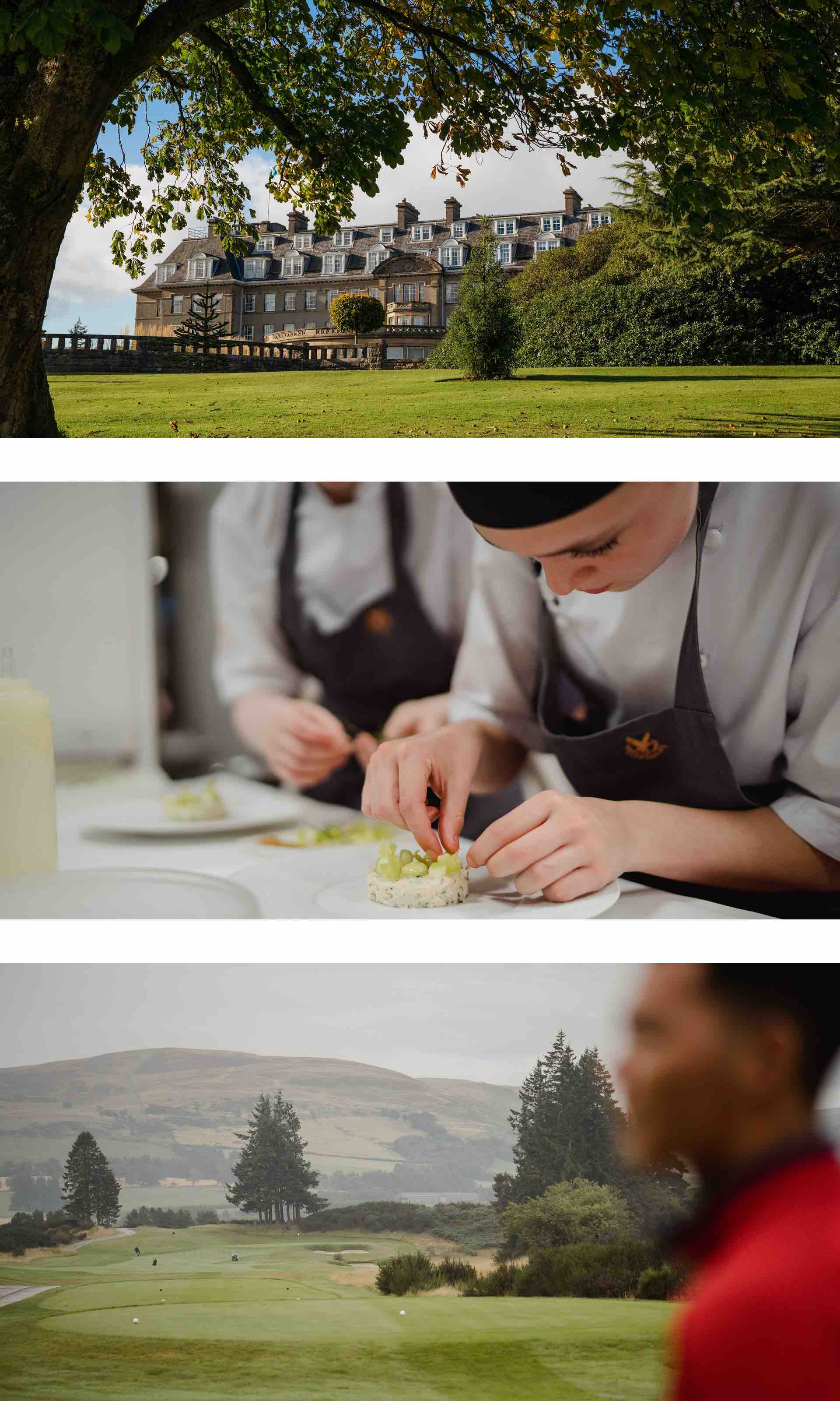 Glenagles hotel building, chefs preparing food and golfers overlooking a golf course.