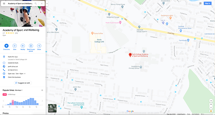 Google map showing location of Academy of Sport and Wellbeing