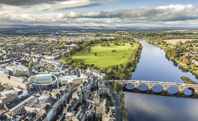 Aerial view of Perth city with bridge crossing over the River Tay Aerial view of Perth city with bridge crossing over the River Tay