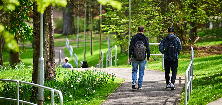 two students walking down the steps on campus