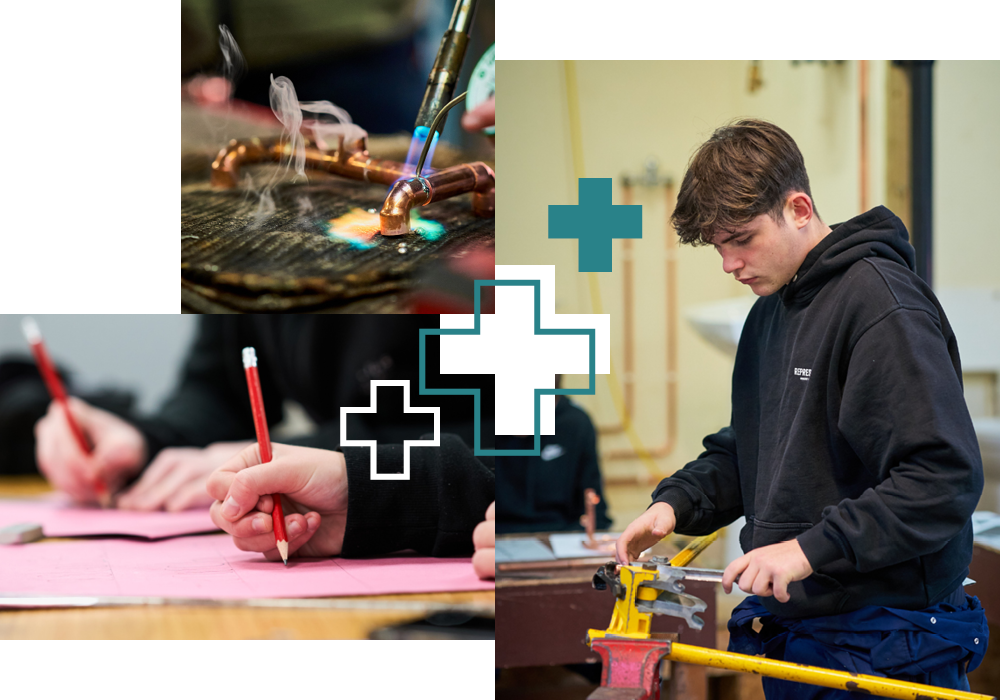 Various School-College Partnership students in class and practical activity