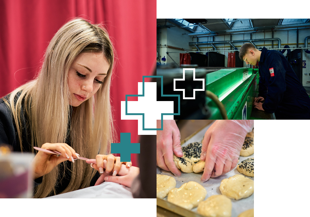 Various School-College Partnership students in class and practical activity