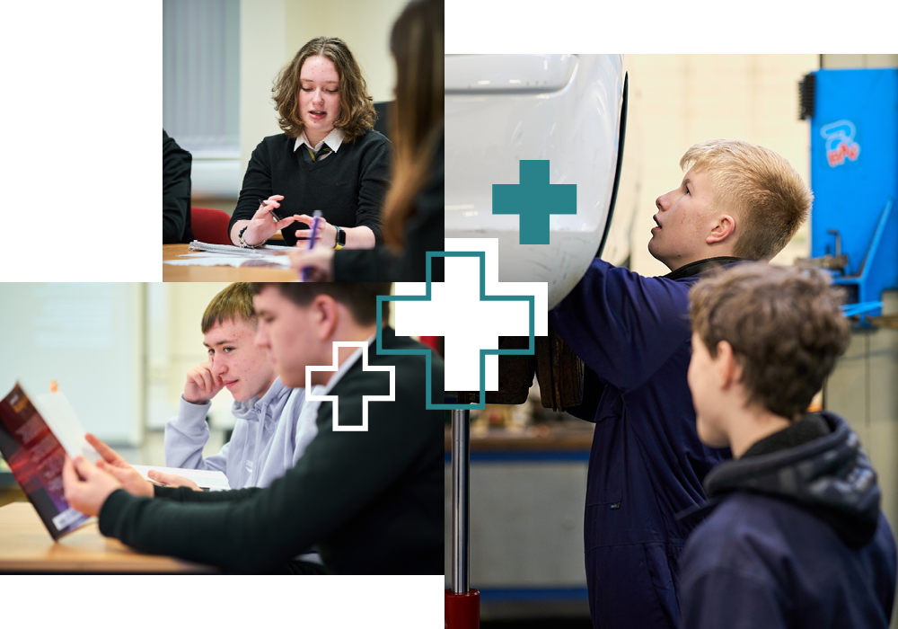 Various School-College Partnership students in class and practical activity