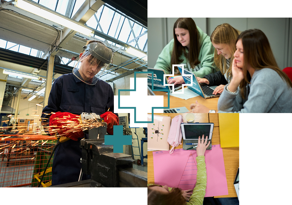 Various School-College Partnership students in class and practical activity