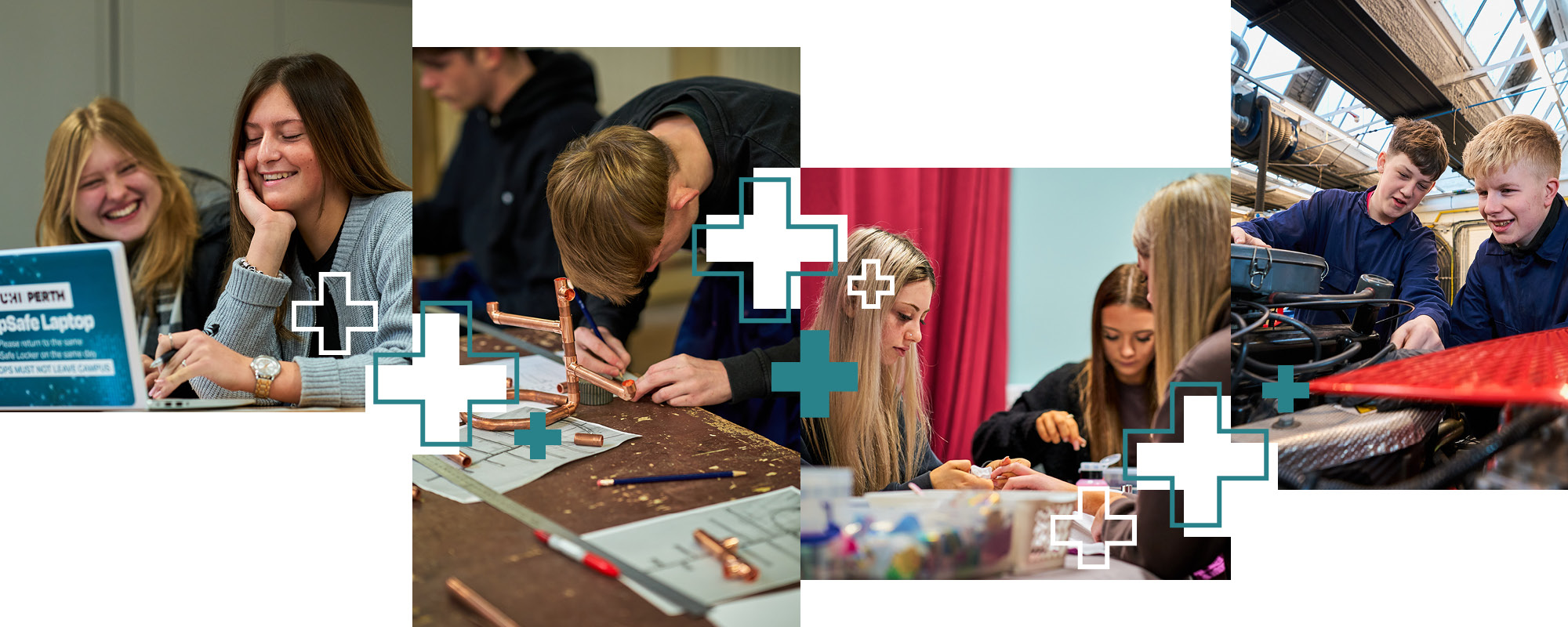 Various School-College Partnership students in class and practical activity
