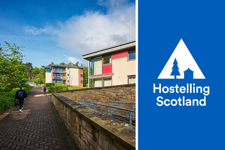 exterior view of the student accommodation beside the Hostelling Scotland logo exterior view of the student accommodation beside the Hostelling Scotland logo