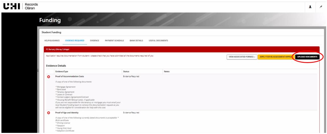 student funding upload document button