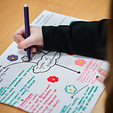 standing writing on a piece of paper with a flow chart