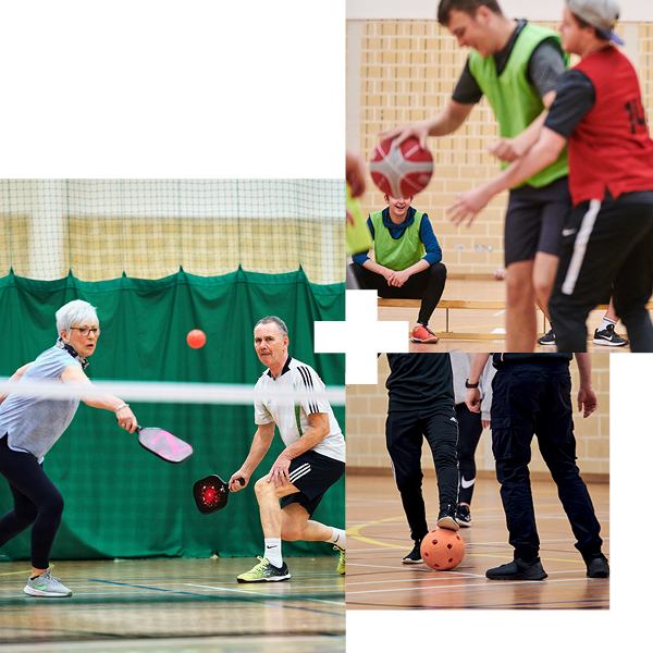 sport club members playing football, basketball and pickleball